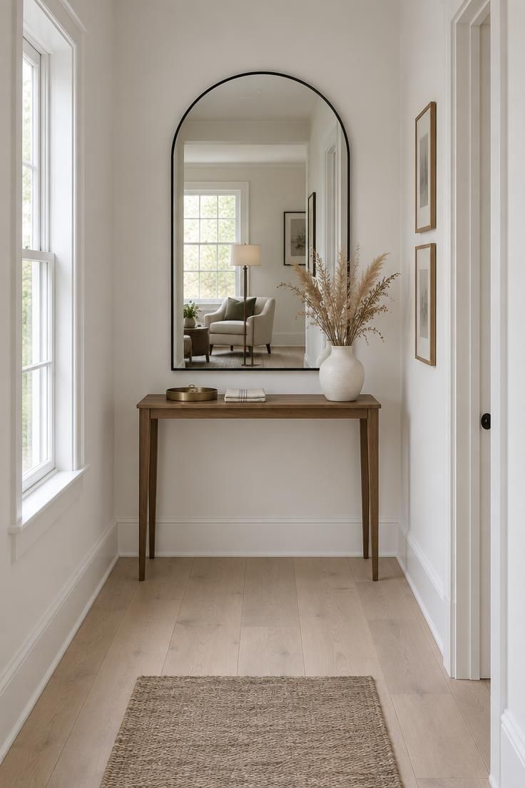 12 White Hallway Ideas for a Bright, Welcoming Entry 9 A white hallway with a large arched black-framed mirror above a slim wooden console holding a brass tray and dried grasses, the mirror reflecting a glimpse of an adjacent room.