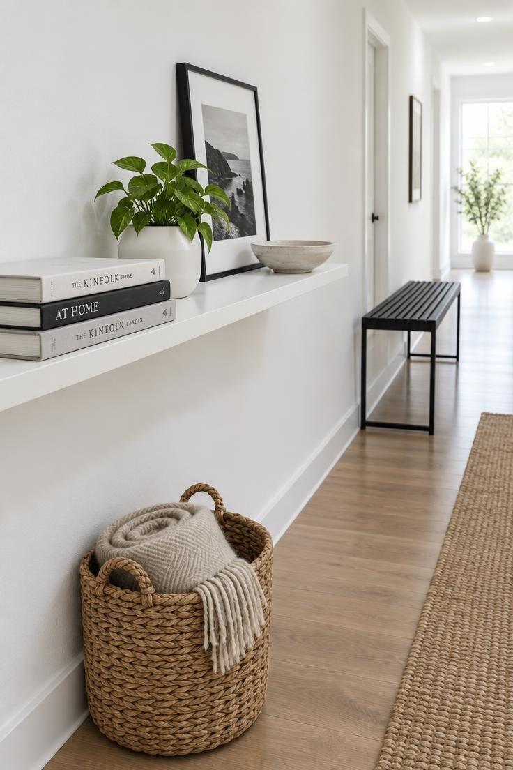 12 White Hallway Ideas for a Bright, Welcoming Entry 10 A close-up of a long white floating shelf at hip height holding art books, a small plant, a framed photo, and a ceramic bowl, with a woven basket of throws below and bright midday light.