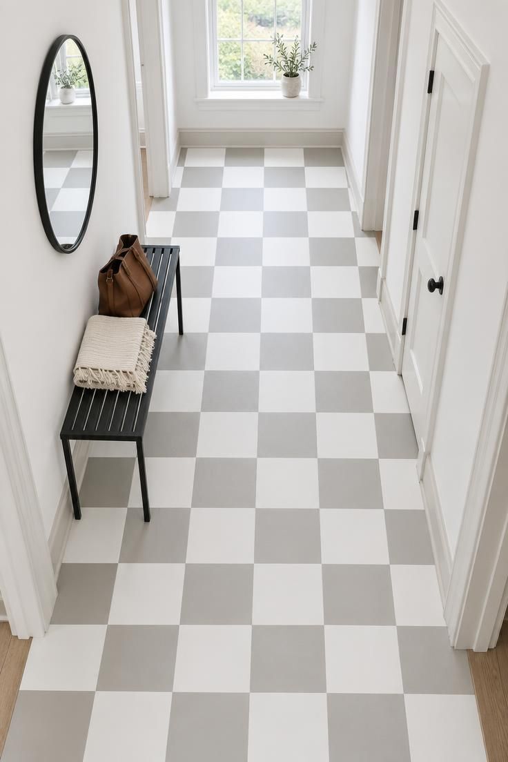 12 White Hallway Ideas for a Bright, Welcoming Entry 11 An overhead view of a hallway with a painted checkerboard floor in white and light warm gray, bright white walls, a slim black metal bench, and a round black-framed mirror above.