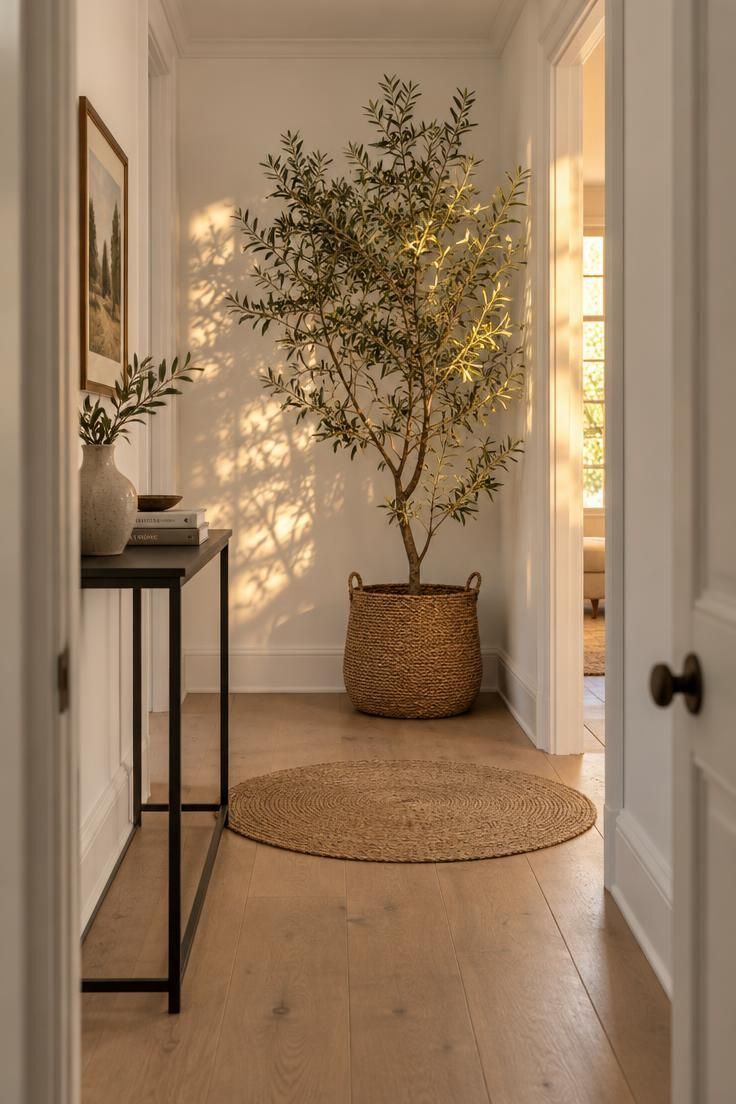 12 White Hallway Ideas for a Bright, Welcoming Entry 12 A white hallway with a tall olive tree in a woven basket at the far end, a small round jute rug in front, a narrow black console beside it, and warm afternoon light casting leafy shadows on the wall.