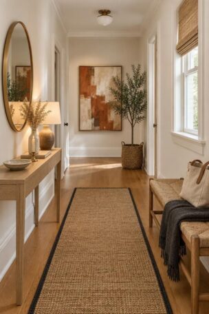 A cozy white hallway with warm white walls, a honey oak floor and jute runner, a white oak console with brass candlestick and dried grasses, a round brass mirror, a woven bench with a charcoal throw, a potted olive tree at the far end, and an abstract painting, lit by soft daylight and a table lamp.