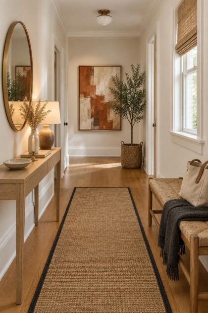 12 White Hallway Ideas for a Bright, Welcoming Entry A cozy white hallway with warm white walls, a honey oak floor and jute runner, a white oak console with brass candlestick and dried grasses, a round brass mirror, a woven bench with a charcoal throw, a potted olive tree at the far end, and an abstract painting, lit by soft daylight and a table lamp.