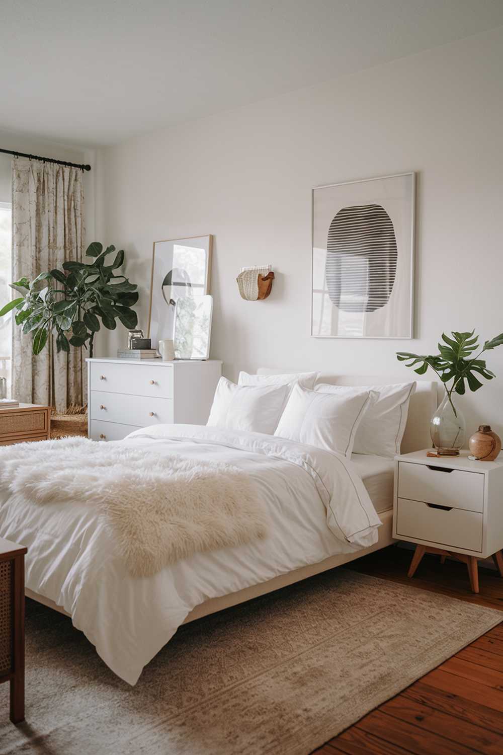 A cozy white japandi bedroom design. The room has a queen-size bed with white linens and a fluffy white duvet. There is a beige area rug under the bed. Along the wall opposite the bed, there is a white dresser with three drawers and a white nightstand with one drawer. A potted plant adds a touch of greenery. The walls are adorned with a few pieces of artwork. The room has wooden furniture, adding a japandi touch.