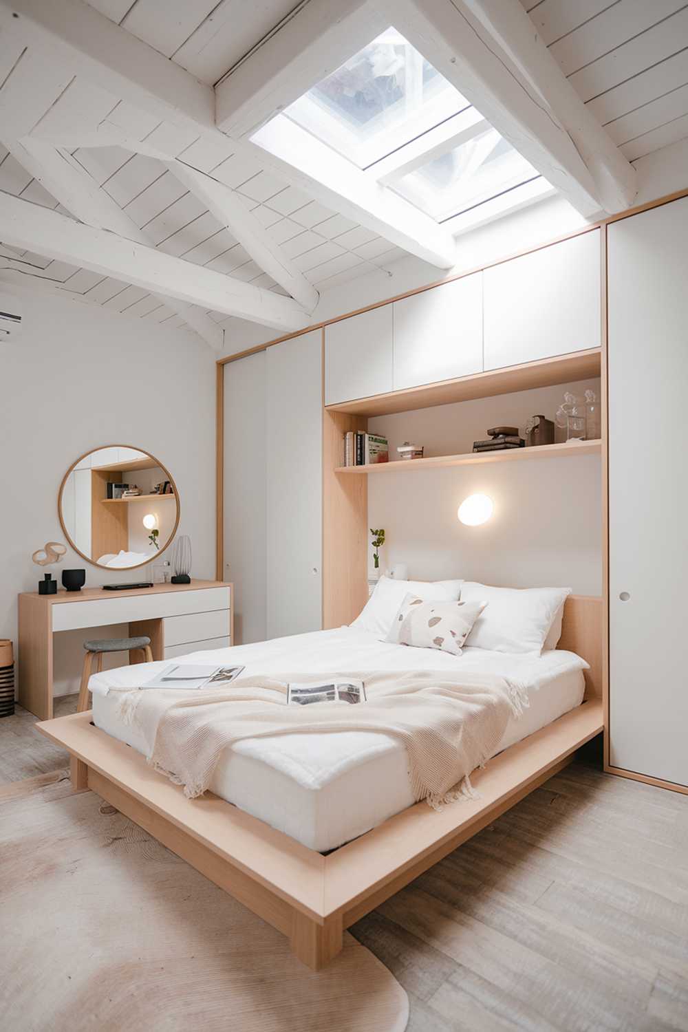 A cozy white japandi bedroom design with a high ceiling and a skylight. The room has a king-size bed with a light wooden frame and a white matress. There's a white dresser with a mirror and a light wooden shelf above the bed. The floor is covered with a light wooden plank. The room has a modern light fixture and a few decorative items.