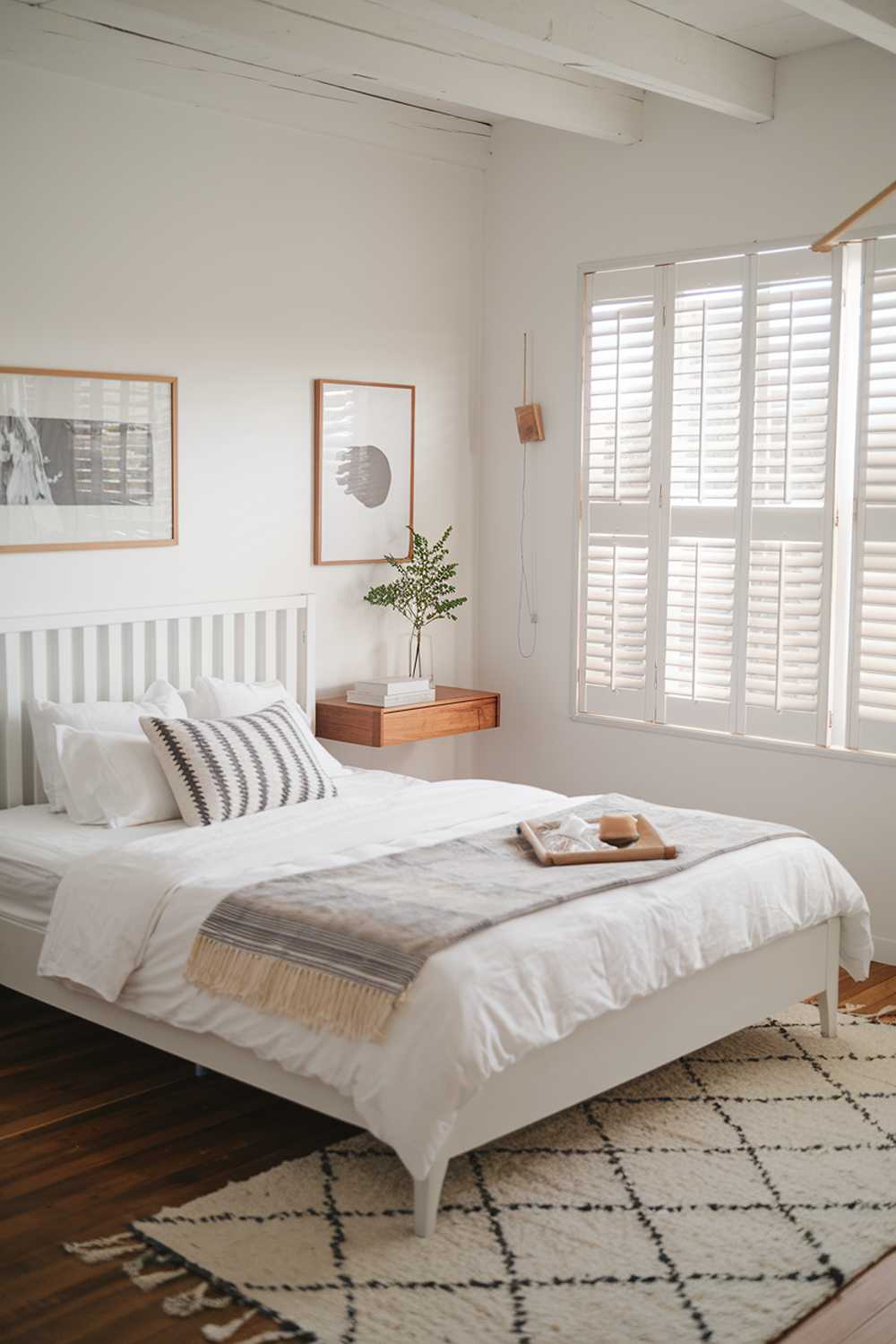 A cozy white japandi bedroom design with a queen-size bed, a white wooden headboard, and a wooden floating nightstand. The room has a large window with wooden shutters and a small plant on the nightstand. There's a white area rug on the wooden floor. The walls have a few pieces of artwork.