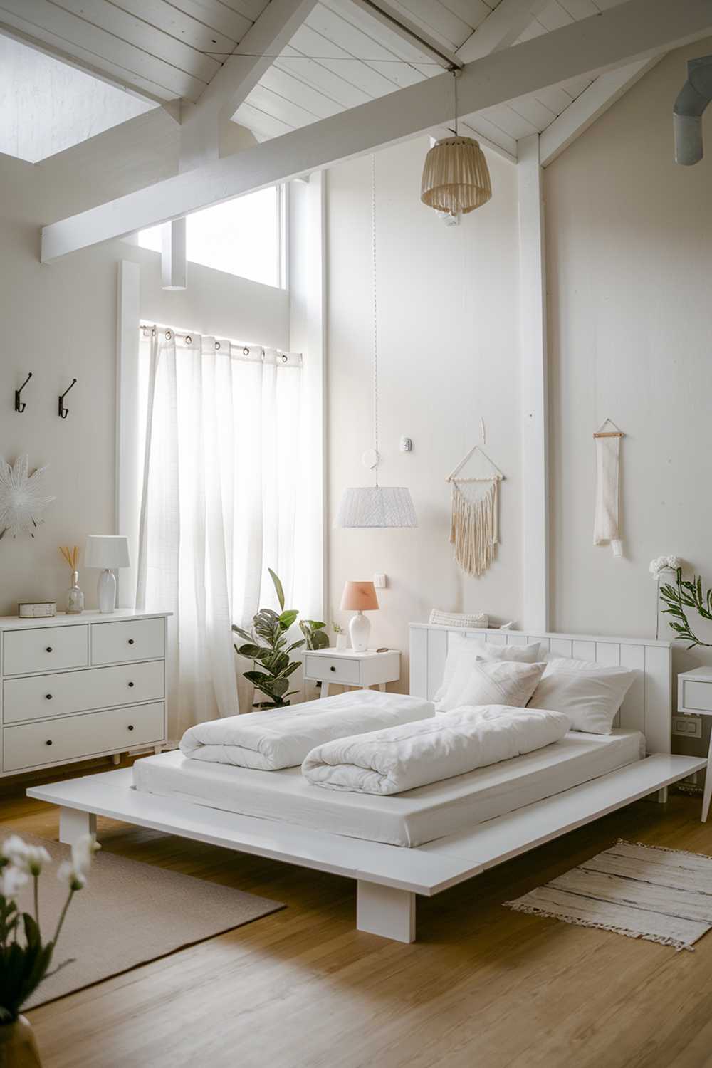  A cozy white japandi-style bedroom. The room has a high ceiling and is filled with natural light. The room features a white wooden platform bed with simple, clean lines. There is a white wooden dresser with drawers next to the bed. The room also has a white wooden nightstand with a lamp. The walls are painted white and have a few simple hooks. The floor is made of light wood. There is a white curtain near the window. The room is accessorized with a few items, such as a white lampshade, a white decorative object, and a plant.