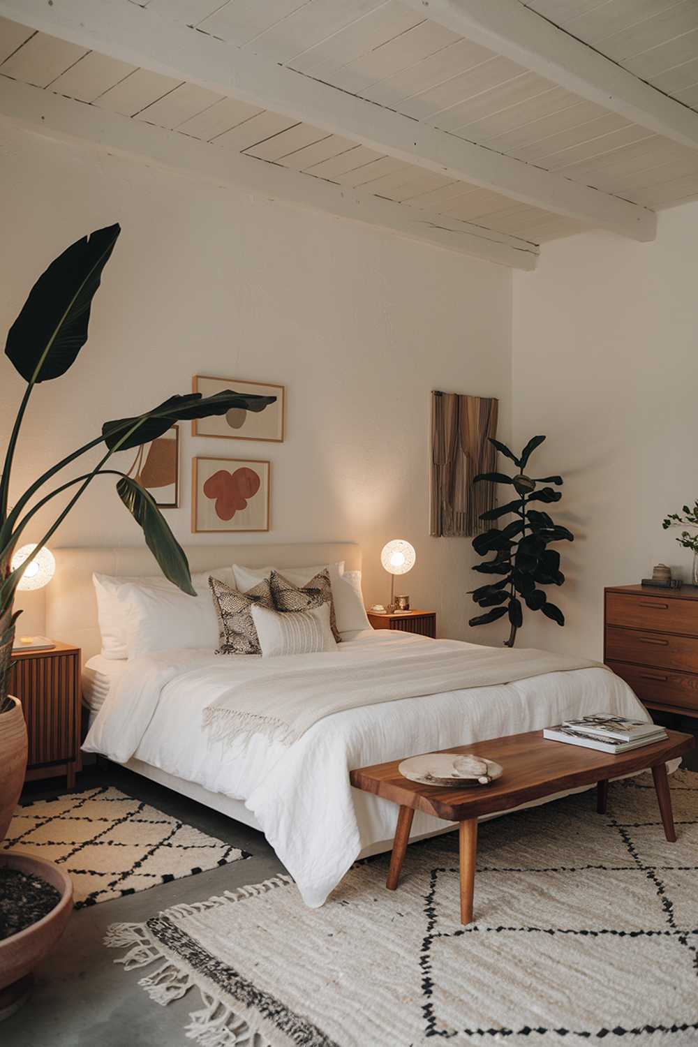 A cozy white japandi bedroom design with a king-size bed, a wooden bedside table, and a wooden dresser. The room also has a large potted plant near the bed, and a rug on the floor. The walls have a few pieces of wall art. The lighting in the room is warm and soft.