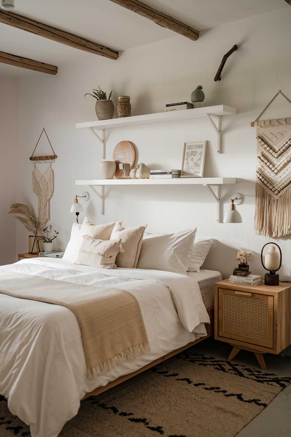 A cozy white Japandi-style bedroom with wooden elements. The room has a king-size bed with a white duvet and beige pillows. There are two white shelves on the wall above the bed, with a few decorative items. A beige rug covers the floor. The room has a wooden nightstand on one side of the bed, with a lamp and a decorative item. The wall has a few hangings.