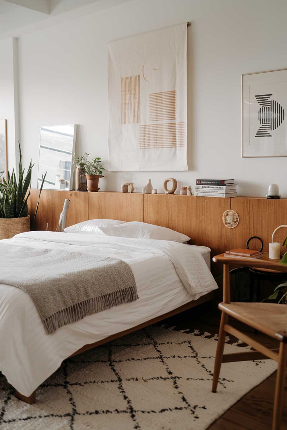 Japandi-style bedroom with a white bed and wooden furniture. The bed has a white mattress and a woven gray blanket. There is a wooden headboard with a few books placed on top. A wooden chair is placed near the bed. The floor is covered with a white rug. The walls are adorned with a few pieces of artwork. A plant sits on the floor.