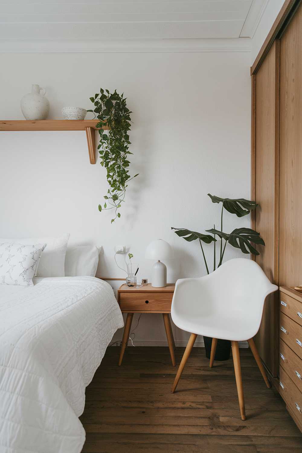 Japandi bedroom with a white and wood aesthetic. The room has a queen-size bed with a white duvet and wooden legs. There's a wooden nightstand beside the bed with a white lamp and a green plant. The wall above the bed is adorned with a wooden shelf holding a white vase and a green plant. The room has a white chair in the corner and a wooden cabinet. The flooring is wooden