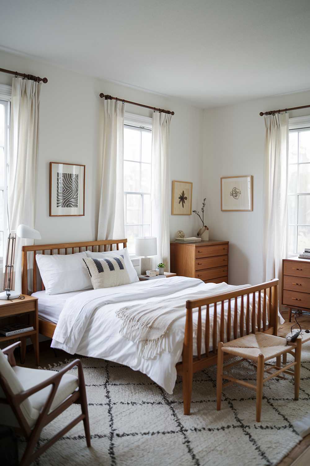 A cozy japandi-style bedroom with white walls and wooden furniture. There is a wooden bed with a white duvet, a few pillows, and a wooden headboard. Beside the bed, there is a wooden nightstand with a lamp. The room also has a wooden dresser and a chair. The floor is covered with a white rug. There are white curtains on the windows. The walls have a few pieces of artwork.