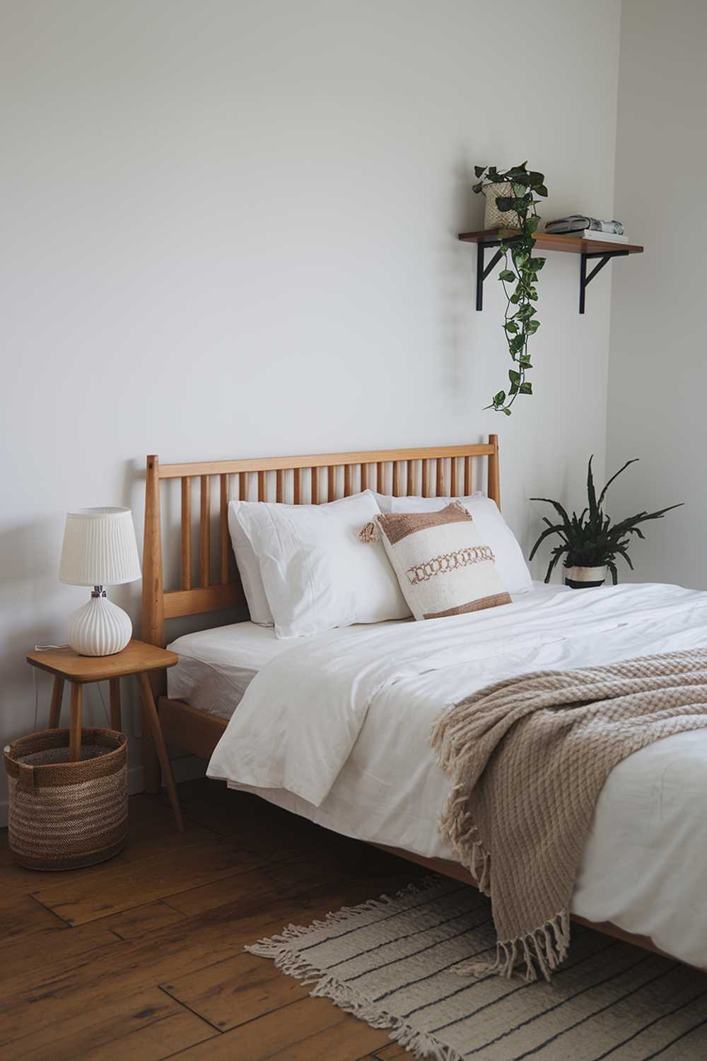 A cozy white and wood Japandi bedroom design with a king-size bed, a bedside table, and a wall-mounted shelf. The bed is placed against the wall, with a wooden frame and a white duvet. A white pillow and a wooden pillow are placed on the bed. A white lampshade is placed on the wooden bedside table. A plant is placed on the wall-mounted shelf. A hamper is placed at the foot of the bed. The floor is made of wooden planks. The walls are painted white