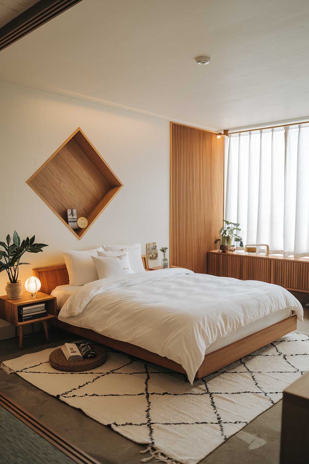 Japandi-style bedroom with a white and wood theme. The room has a queen-size bed with a white duvet and wood frame. There's a wooden nightstand next to the bed with a lamp and a plant. The wall behind the bed has a large, square wooden shelf with a few items. The floor is covered with a white rug. The room has a large window with white curtains. There's a wooden cabinet at the far end of the room. The room has a warm ambiance.