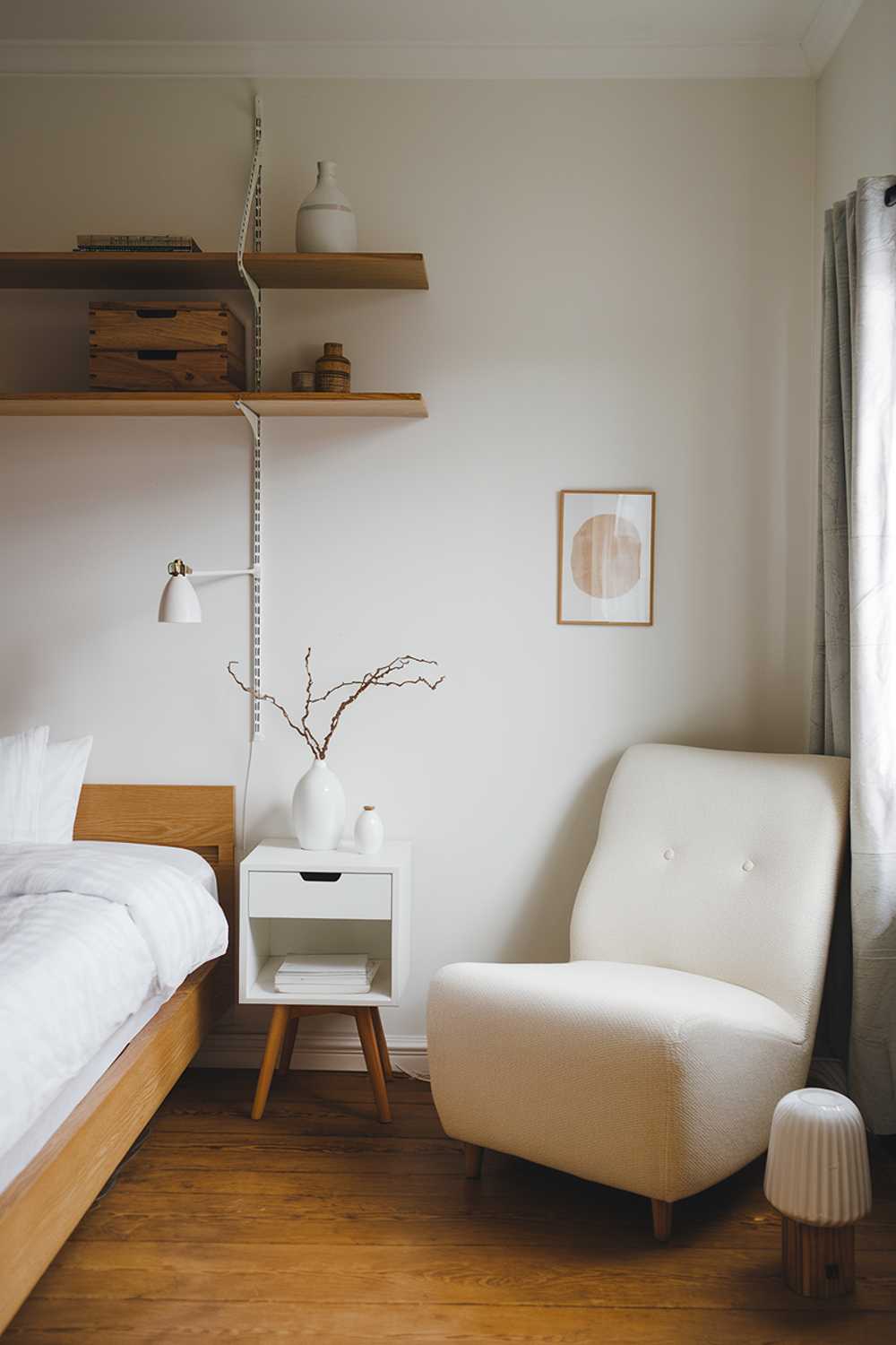 A cozy japandi bedroom design with a white and wood theme. The room has a queen-sized bed with wooden legs, a white nightstand beside the bed, and a wooden floating shelf above the bed. There's a white chair in the corner, with a wooden lamp on the floor beside it. The walls are painted white, and the room has a few decorative items, including a wooden box on the shelf and a white vase with a few branches on the nightstand. The floor is made of wood.