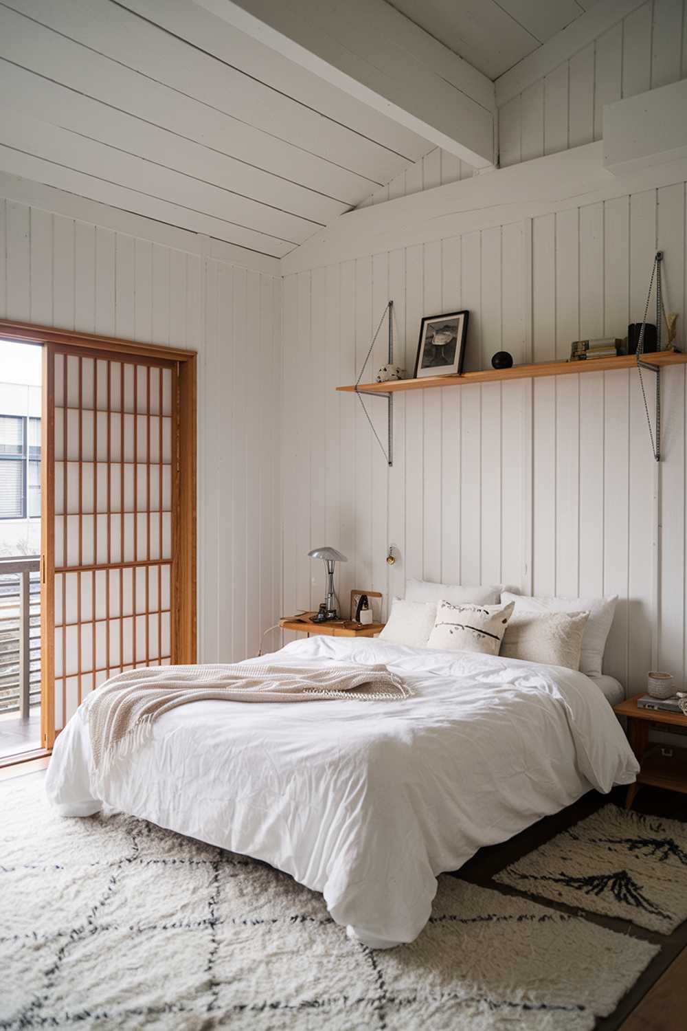 A cozy Japandi-style bedroom with white walls and wooden elements. The room has a queen-size bed with white bedding and a few pillows. There's a wooden shelf above the bed, holding a few items. The floor is covered with a soft white rug. There's a wooden nightstand beside the bed, holding a lamp and a few items. The room has a sliding door with a wooden frame, leading to a balcony. The walls have a few nails.