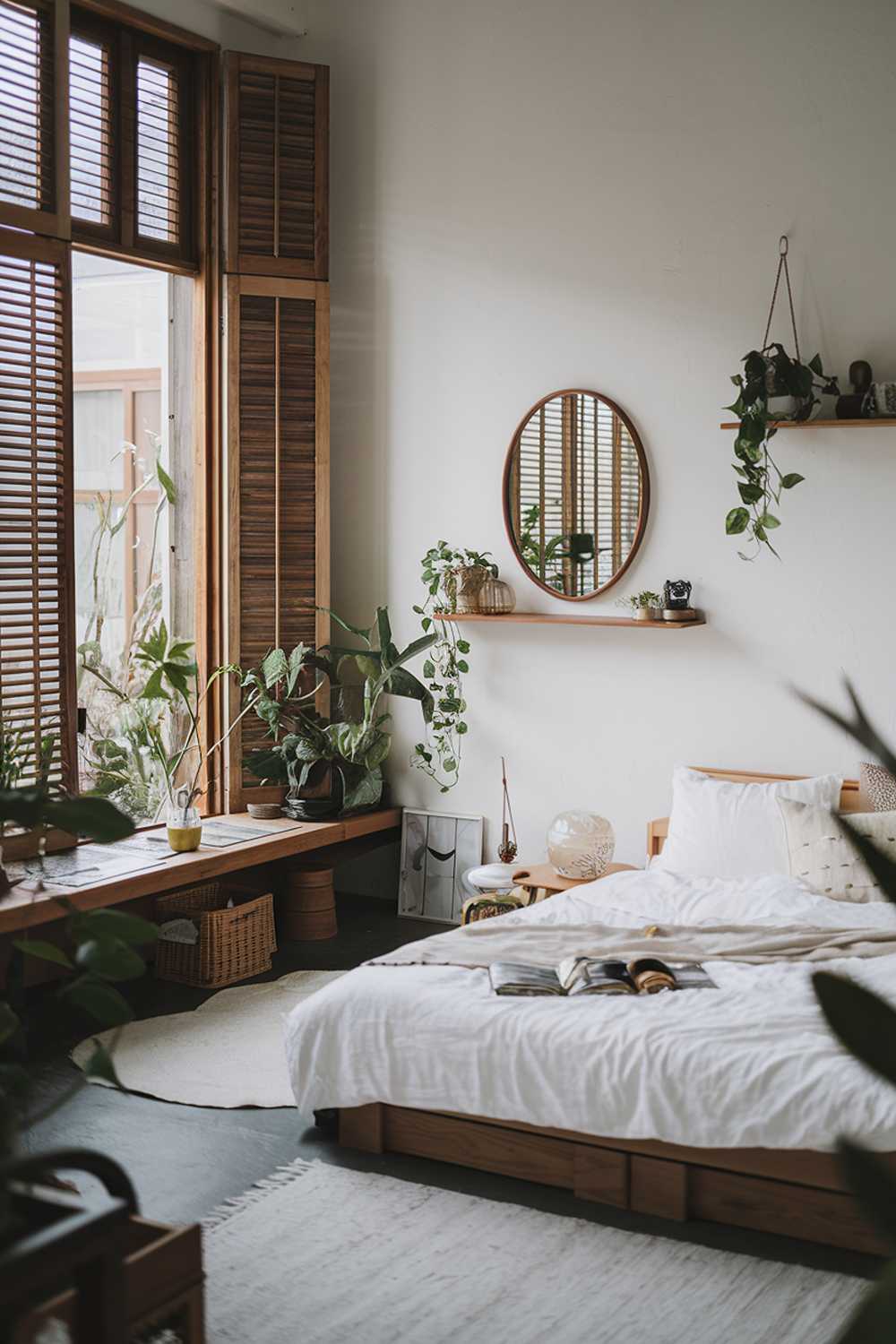 A japandi bedroom with a white and wood theme. The room has a large window with wooden shutters, allowing natural light to fill the space. There's a white bed with wooden details and a wood-framed mirror on the wall. A wooden shelf near the window holds a few decorations. The floor is covered with a white rug. The room is adorned with plants