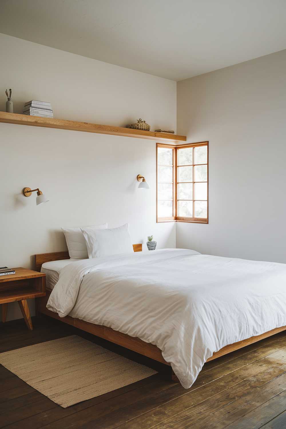 A cozy japandi-style bedroom with a white and wood color scheme. The room has a queen-size bed with a white duvet and wood frame. There's a wooden nightstand on one side of the bed. The walls are painted white, and the floor is made of wood. There's a large wooden shelf above the bed, holding a few items. The room has a small window with wooden frames, allowing natural light to enter.