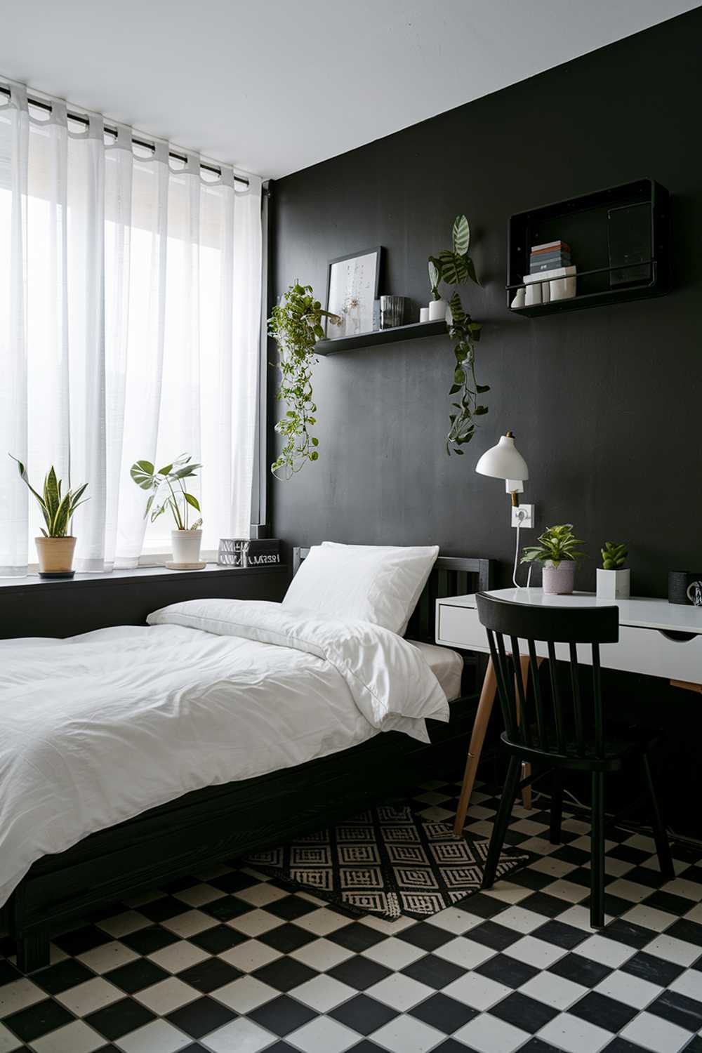 A black and white Japandi bedroom design. The room has a small double bed with a white duvet and black wooden bed frame. There's a white desk with a black chair next to the bed. The walls are painted black. The floor is made of black and white checkered tiles. There are two potted plants, a white lamp, and a black shelf with a few items on the wall above the desk. The room has a small window with white curtains.