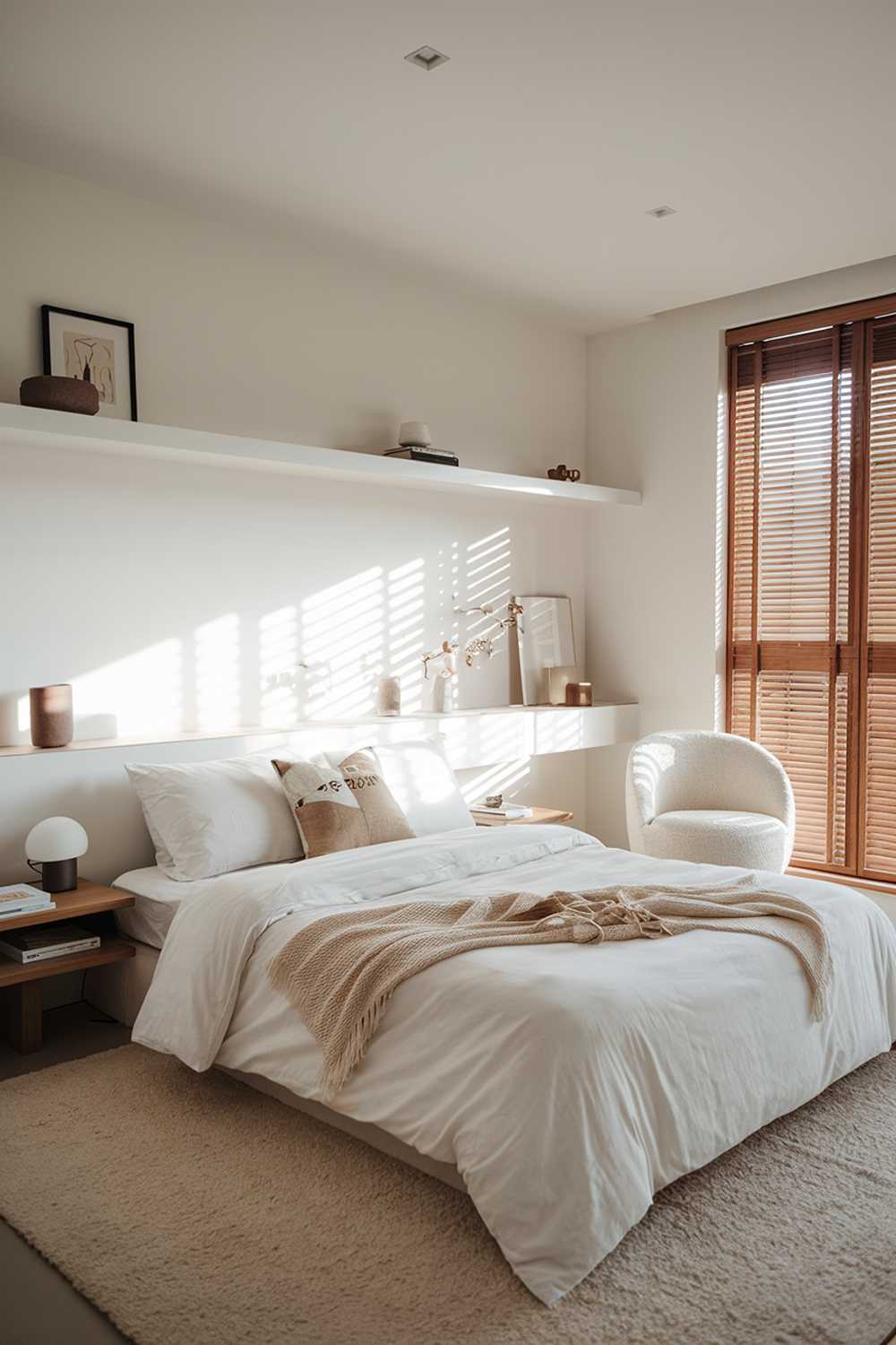 A cozy modern white japandi bedroom design. The room has a queen-sized bed with a white duvet and a few throw pillows. There's a wooden nightstand on one side of the bed, holding a simple lamp and a book. Above the bed, there's a floating white shelf with a few decorative items. The room has a large window with wooden blinds, letting in natural light. There's a white chair in the corner, and the floor is covered with a soft beige rug.