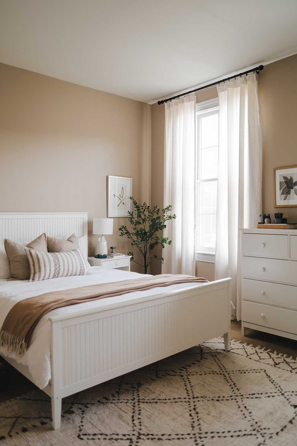 A Japandi-style bedroom with white furniture. The room has a queen-size bed with a white headboard and a white dresser. There's a beige area rug on the floor. The walls are painted beige. There's a small plant near the window. The window has white curtains.