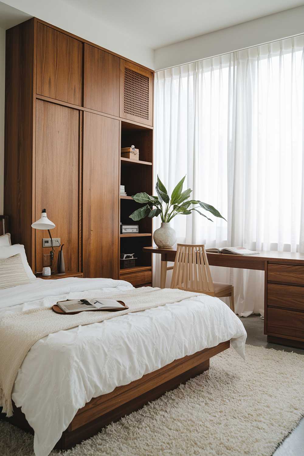 A white japandi bedroom design with a queen bed, a bedside table, a wardrobe, and a desk. The room has wooden elements like the wardrobe, desk, and bed frame. The bed is dressed with white bedding and a few throw pillows. A green plant sits on the desk. There's a large window with white curtains, letting in natural light. The floor is covered with a white shag rug.