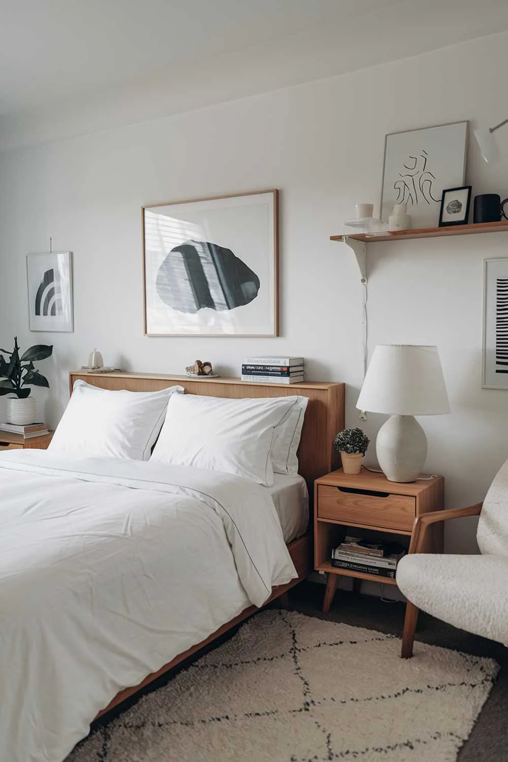 A white Japandi bedroom design