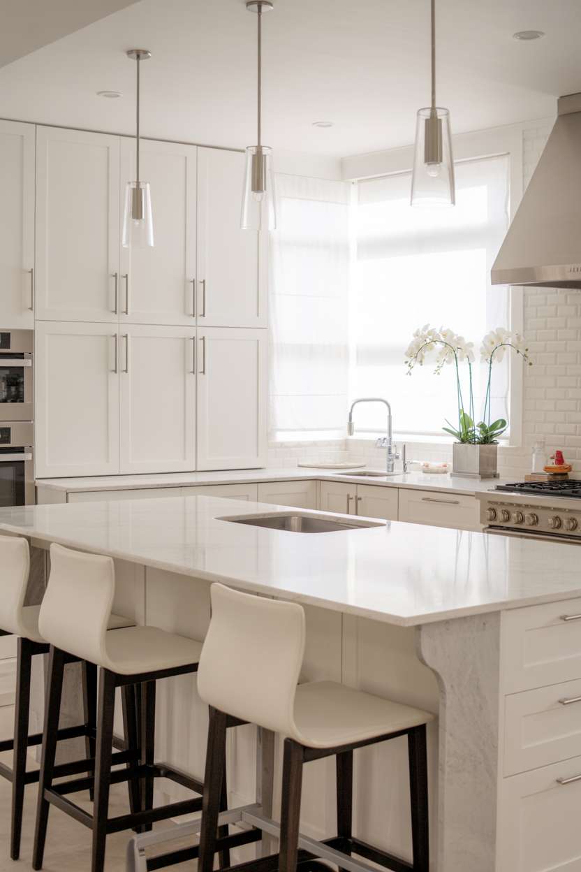 Modern white kitchen with marble waterfall island and pendant lighting