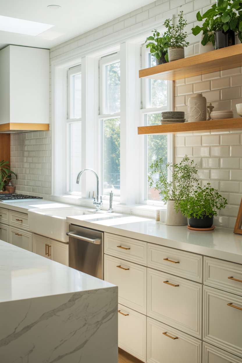 White kitchen featuring gold hardware and wooden floating shelves