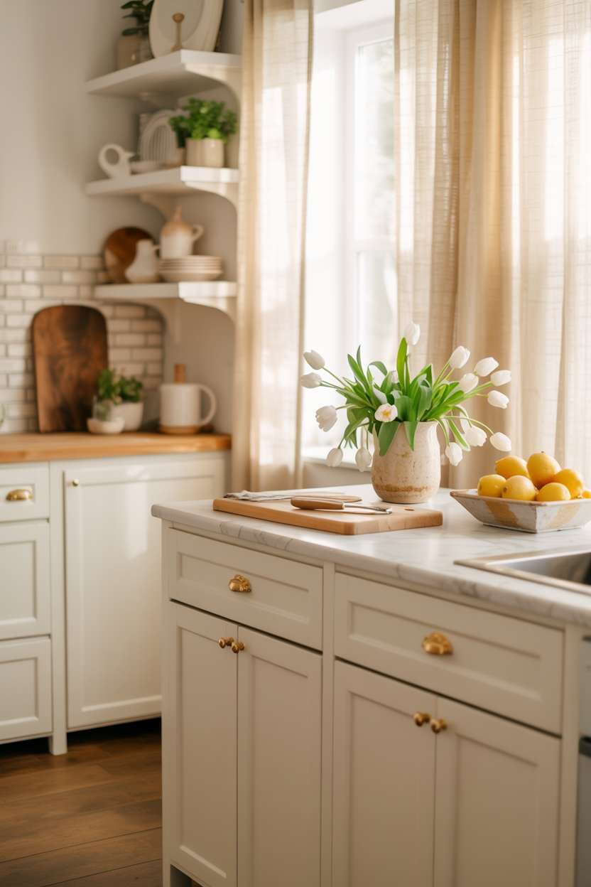 Bright white Shaker kitchen with marble countertops and brass hardware
