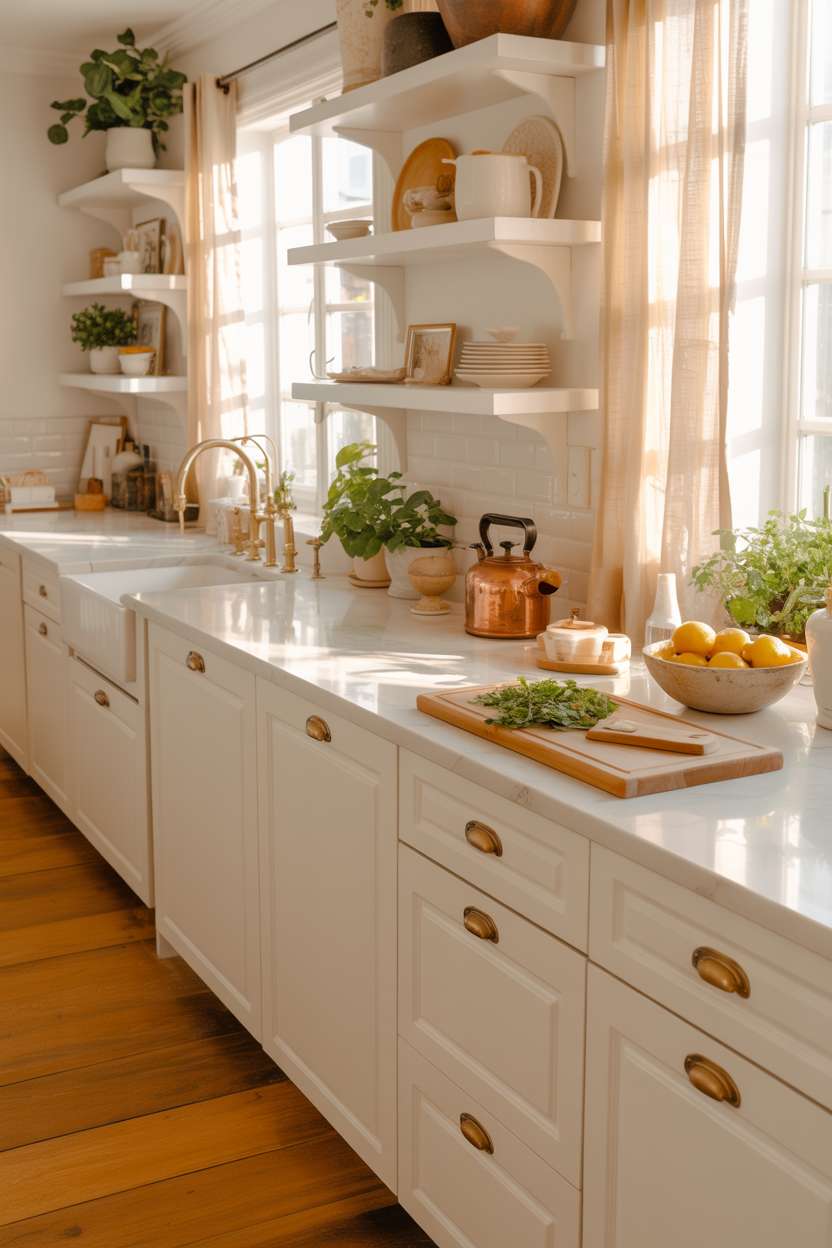 White Shaker kitchen with vintage copper kettle and herb display