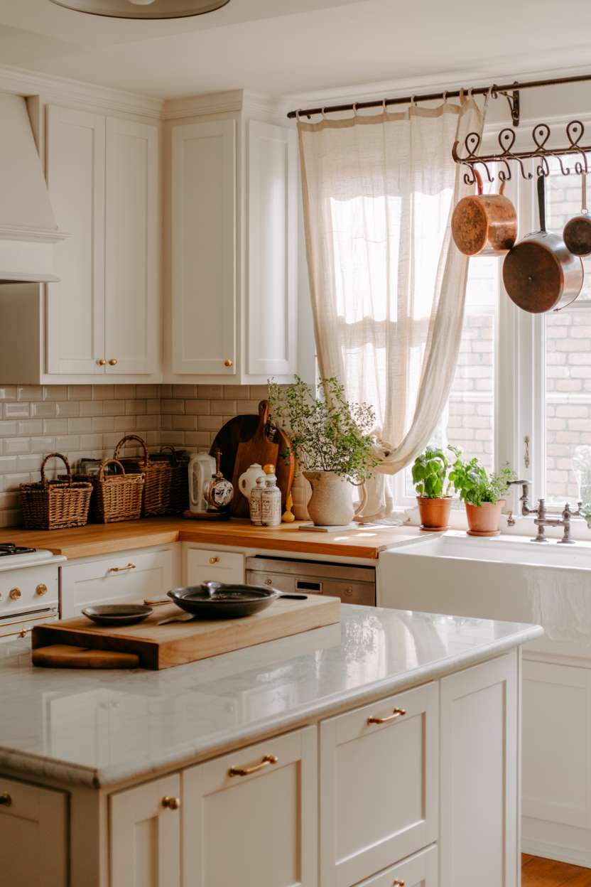 White kitchen with woven storage baskets and copper pot rack