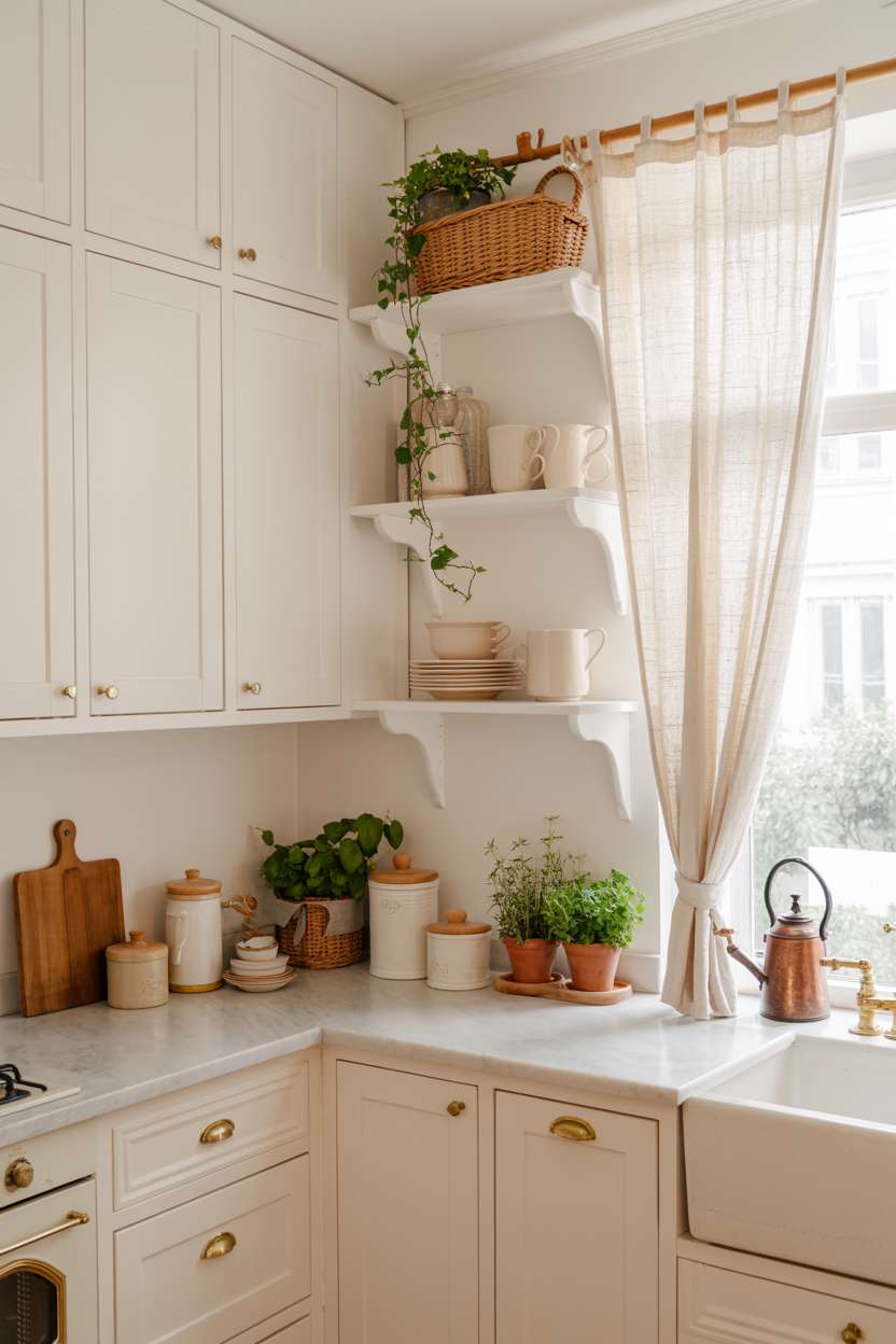 White Shaker kitchen with farmhouse sink and herb pots