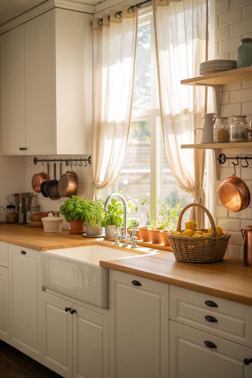 White kitchen with natural wood countertop and vintage copper cookware