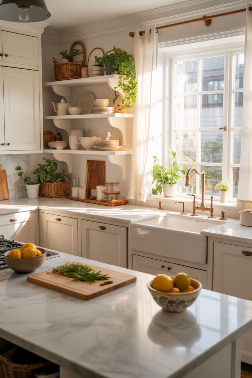White kitchen with open shelving and brass faucet