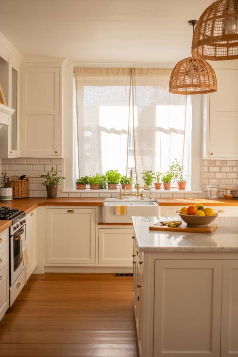 White kitchen with rattan pendant lights and herb windowsill