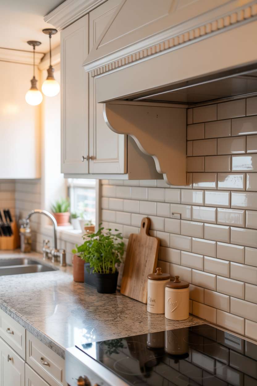 White kitchen featuring subway tile backsplash with gray grout