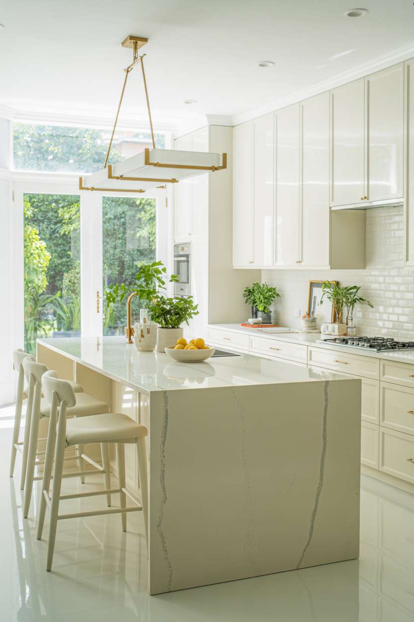 Modern white kitchen with geometric brass pendant light and herringbone backsplash