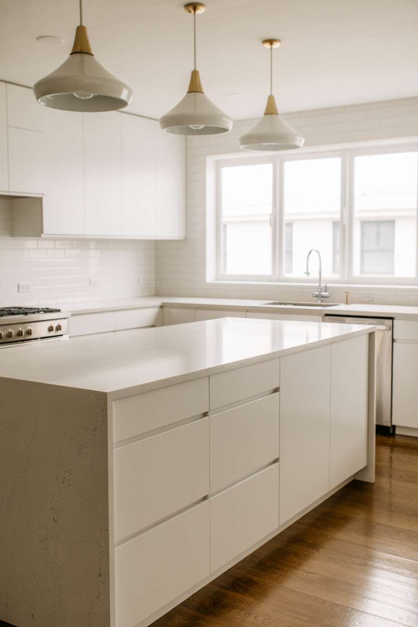 Minimalist white kitchen with handleless cabinetry and quartz countertops