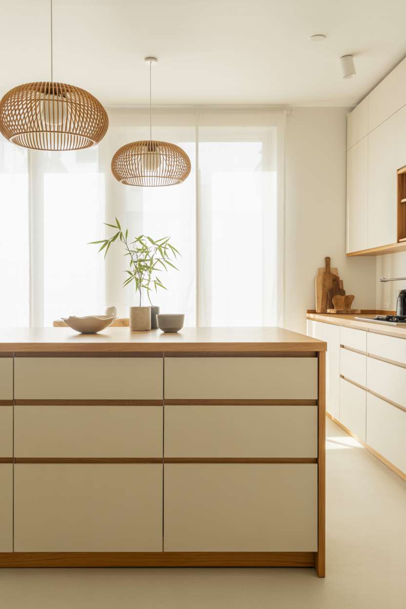 Japandi-style white kitchen with live-edge wooden countertop