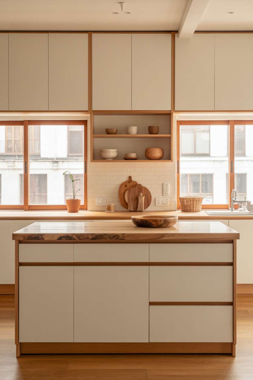 White Japandi kitchen with open shelving and wood accents