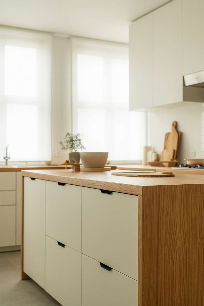 Minimalist Japandi kitchen with oak countertops and black hardware