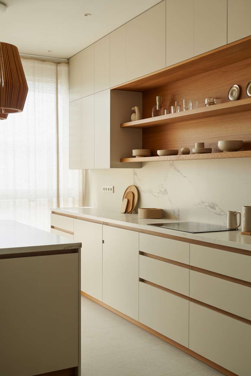 Japandi white kitchen with floating oak shelves and marble countertops