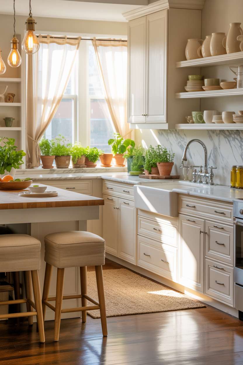 White kitchen with butcher block island top and Edison bulb pendants