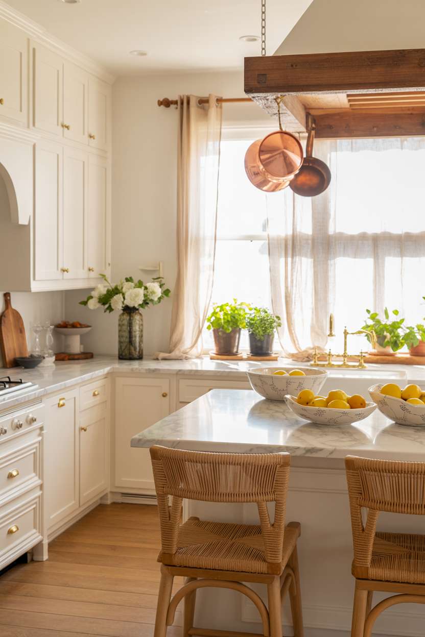 Airy white kitchen with brass hardware and rattan bar stools