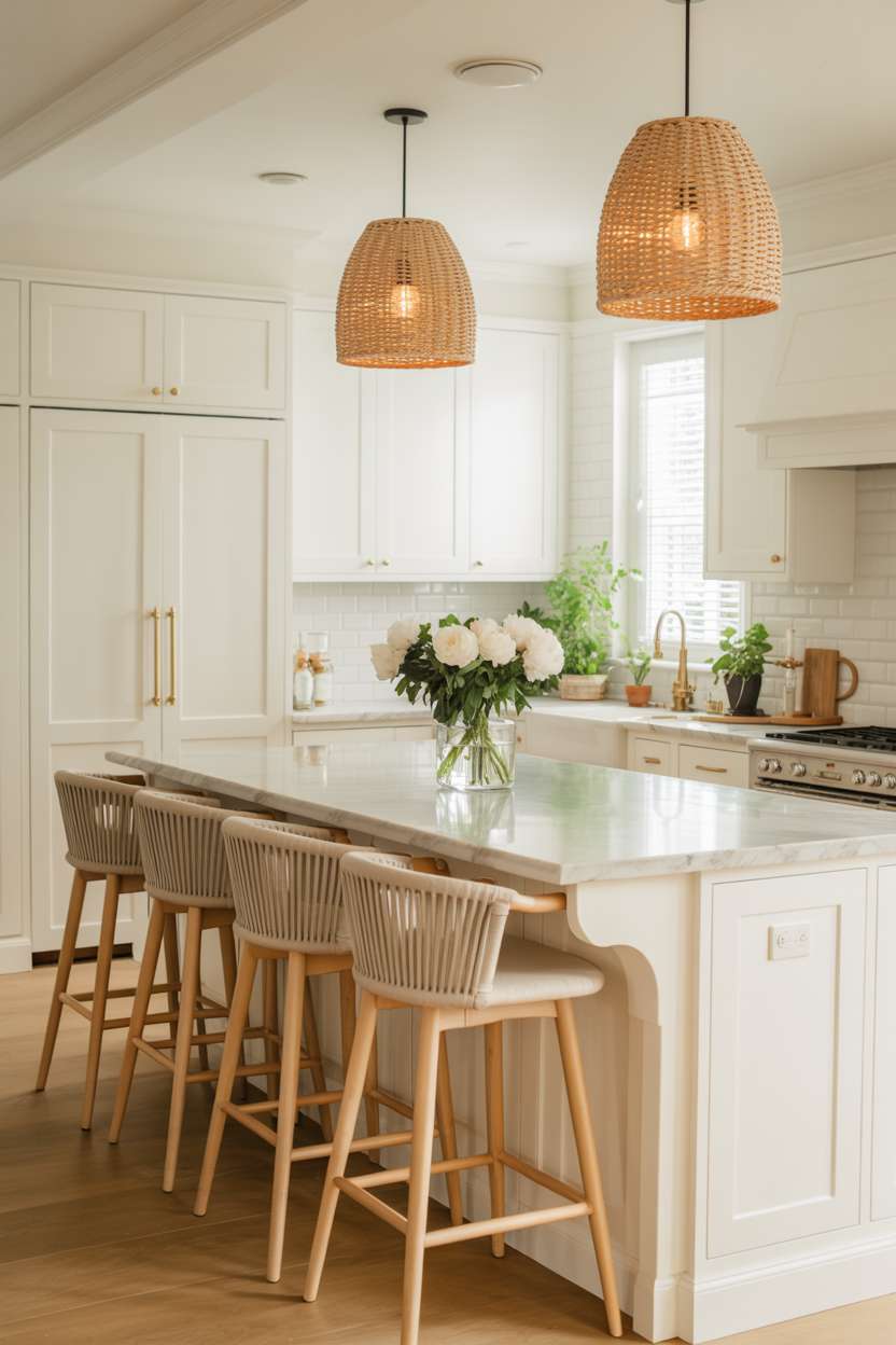 White Shaker kitchen with marble waterfall island and gold hardware
