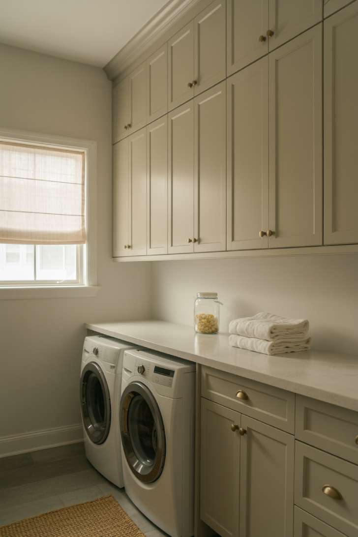 White shaker cabinets and quartz countertop in a bright laundry room with brass hardware and natural light