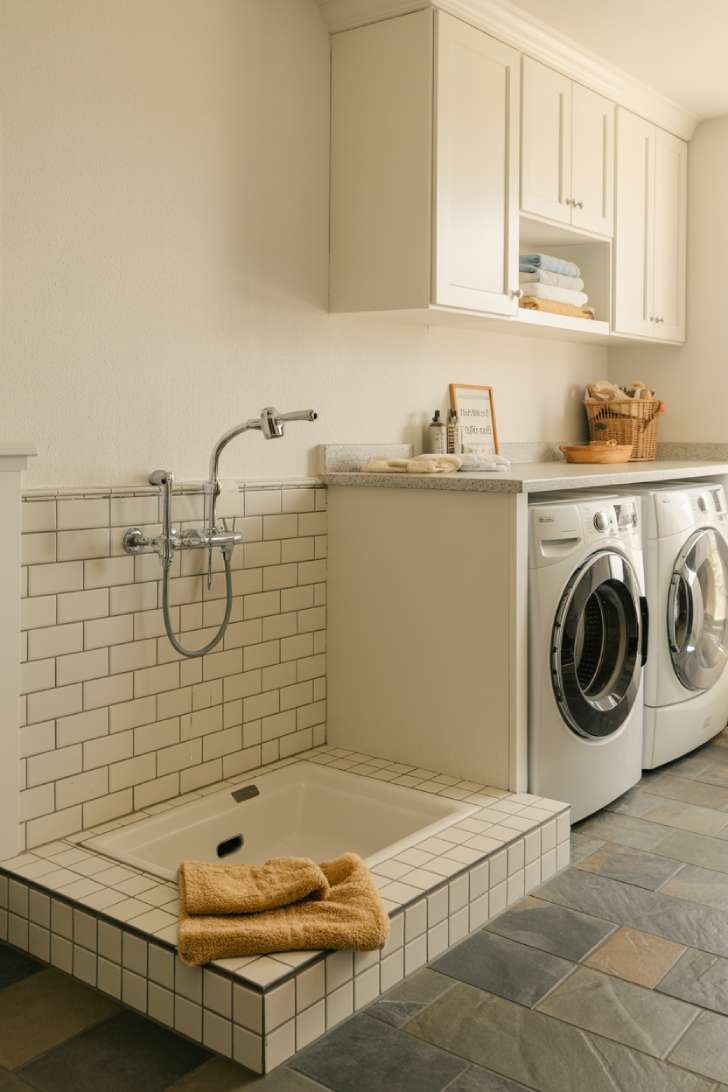White laundry room with a built-in dog wash station featuring white subway tile, chrome sprayer, and shaker cabinets above