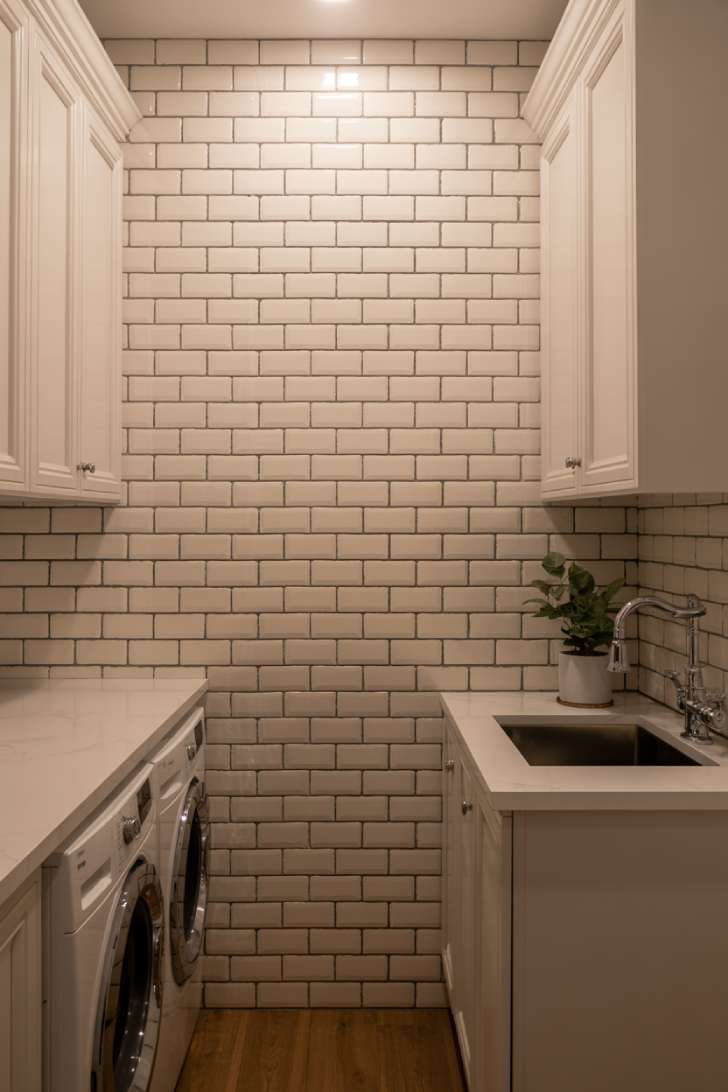 White subway tile backsplash running floor to ceiling in a narrow white laundry room with gray grout and a green plant accent