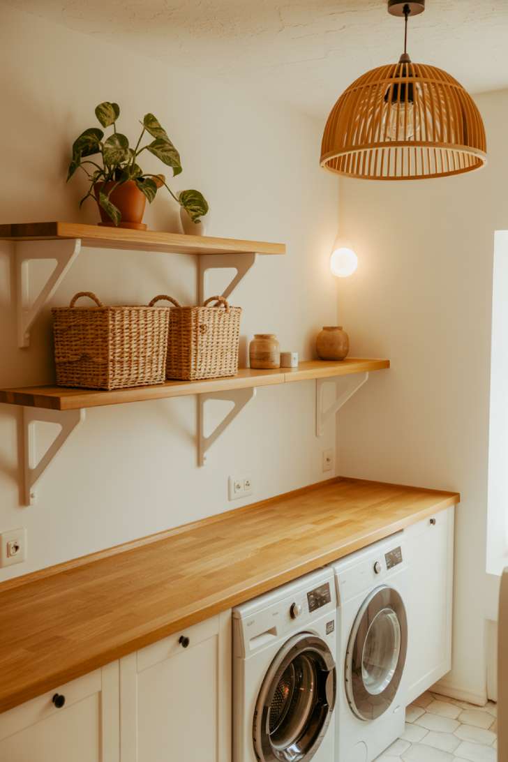 Warm white laundry room with natural oak shelving, seagrass baskets, and a rattan pendant light