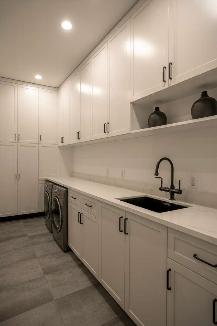Modern white laundry room with flat-panel cabinets, matte black hardware, and concrete-look gray floor tiles